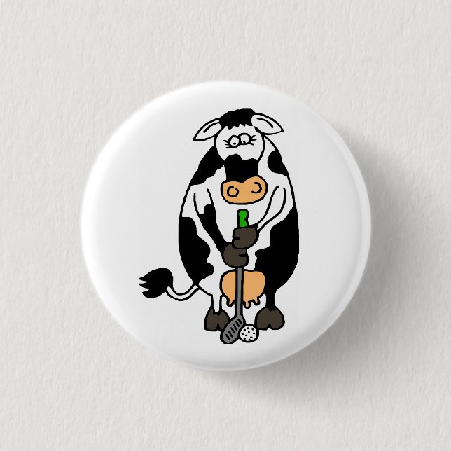 A cow playing golf 3 cm round badge (Front)