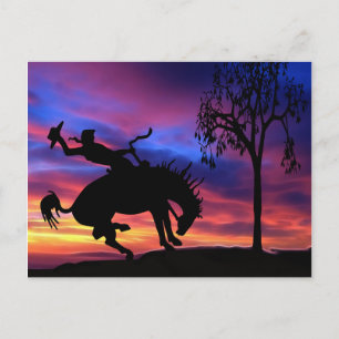 A cowboy silhouette at sunset postcard