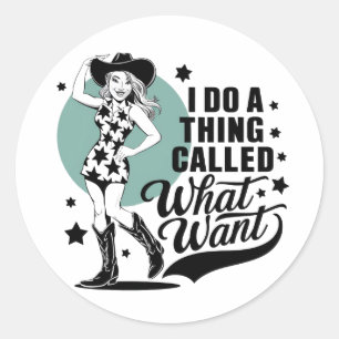 A cowgirl striking a sassy pose classic round sticker