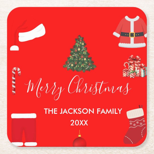 A Cozy Christmas Gathering Set on Warm Red Square Paper Coaster (Front)