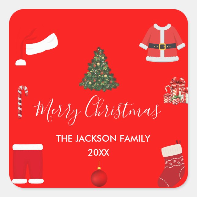 A Cozy Christmas Gathering Set on Warm Red Square Sticker (Front)