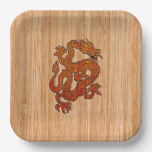 A Crimson Dragon on Bamboo like Paper Plate