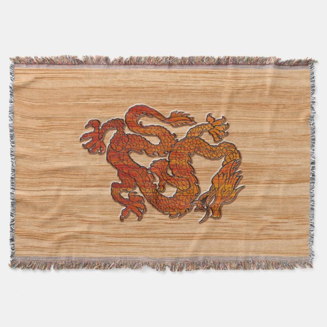 A Crimson Dragon on Bamboo like Throw Blanket (Front)
