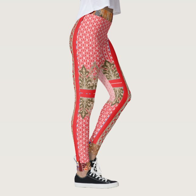 a cross stitch pattern with a red border leggings (Right)