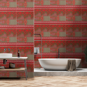 a cross stitch pattern with red flowers and vines wallpaper
