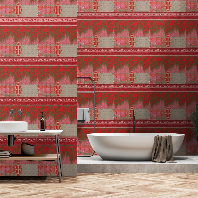 a cross stitch pattern with red flowers and vines wallpaper (Bathroom)