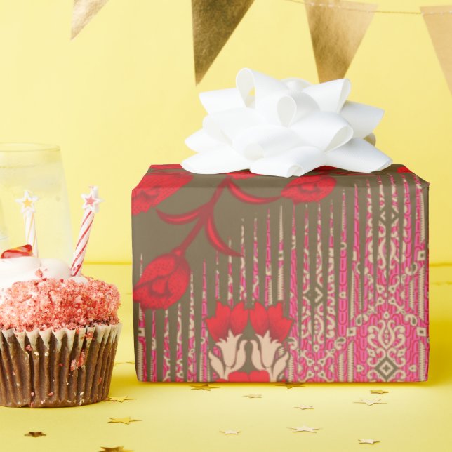 a cross stitch pattern with red flowers and vines wrapping paper (Birthday Party)