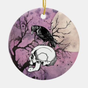 A Crow or Raven and Skull Halloween Purple Moon Ceramic Tree Decoration