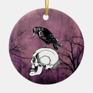 A Crow or Raven and Skull Halloween Purple Moon Ceramic Tree Decoration