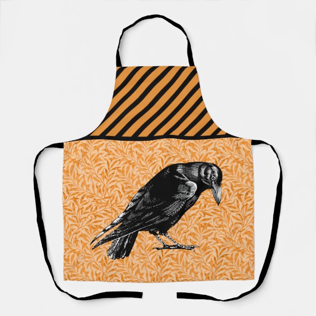 A Crow or Raven Halloween Orange and Black Apron (Front)