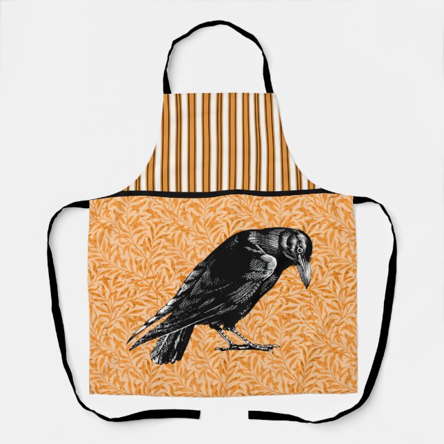 A Crow or Raven Halloween Orange and Black Apron (Front)