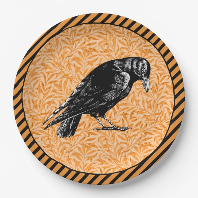 A Crow or Raven Halloween Orange and Black Paper Plate (Front)