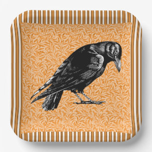 A Crow or Raven Halloween Orange and Black Paper Plate