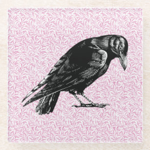 A Crow or Raven Halloween Pink and Black Glass Coaster