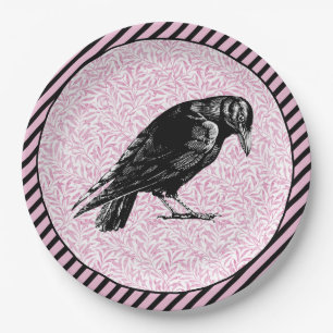 A Crow or Raven Halloween Pink and Black Paper Plate