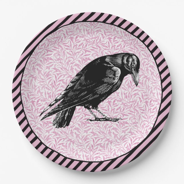 A Crow or Raven Halloween Pink and Black Paper Plate (Front)