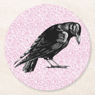 A Crow or Raven Halloween Pink and Black Round Paper Coaster