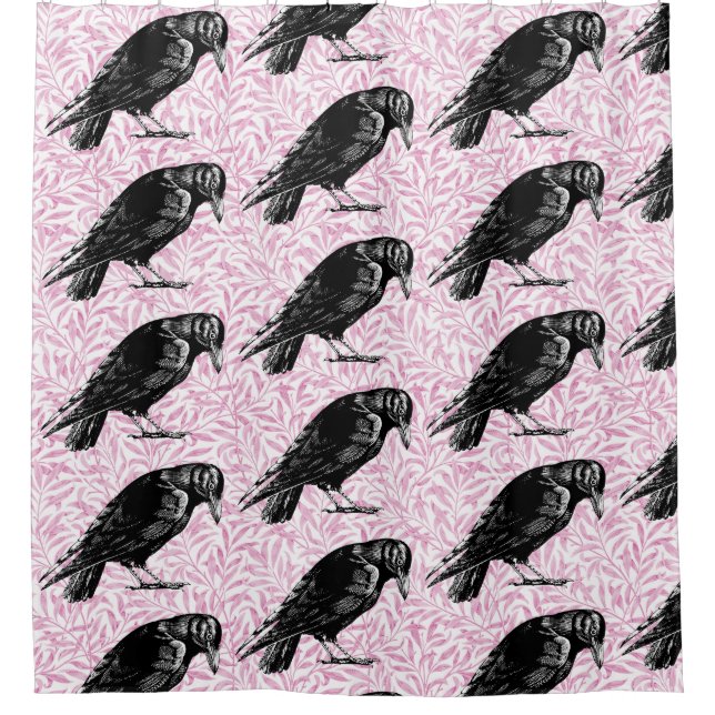 A Crow or Raven Halloween Pink and Black Shower Curtain (Front)