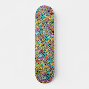 A crowd of aliens in a colorful pattern design skateboard