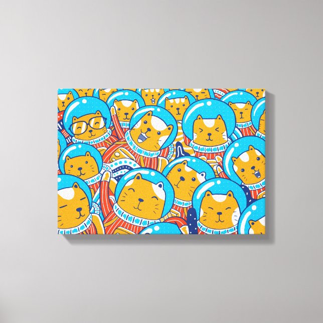 A Crowd Of Catstronauts Cute Illustration Canvas Print (Front)