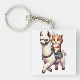 A Cuddly Kitten Riding Fluffy Llama, Cat and Llama Key Ring