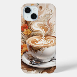 A Cup of Cappuccino with Flowers Background iPhone 15 Case