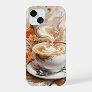 A Cup of Cappuccino with Flowers Background iPhone 15 Case