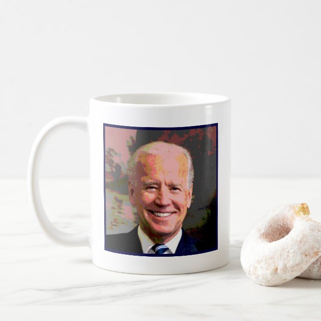 A cup of Joe coffee mug with image of Joe Biden (With Donut)