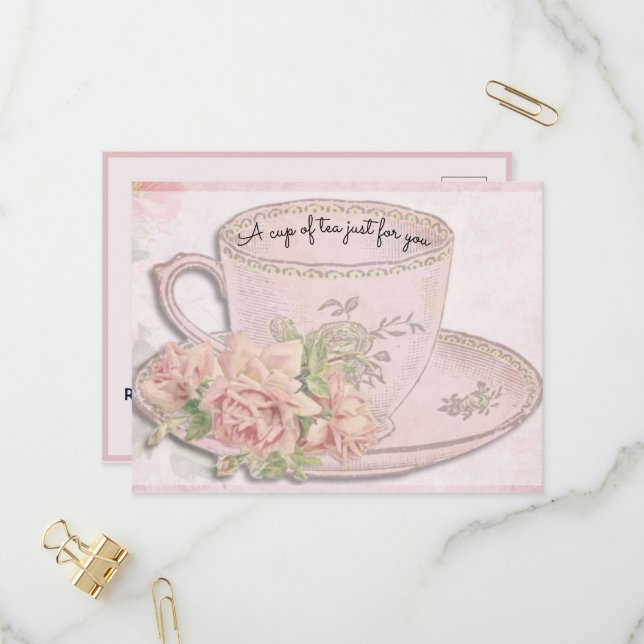 A Cup of Tea for Mother's Day Pink Invitation Postcard (Front/Back In Situ)