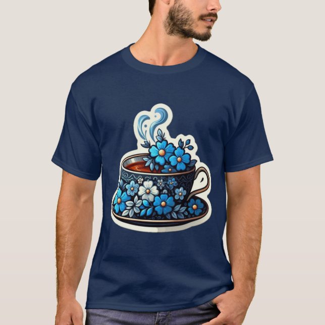 a cup with decorative blue flow filled with tea T-Shirt (Front)