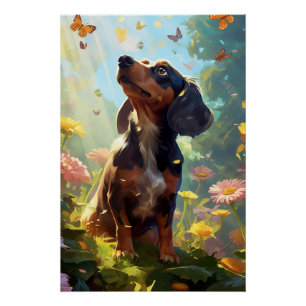 A Curious Dachshund with Butterflies Poster