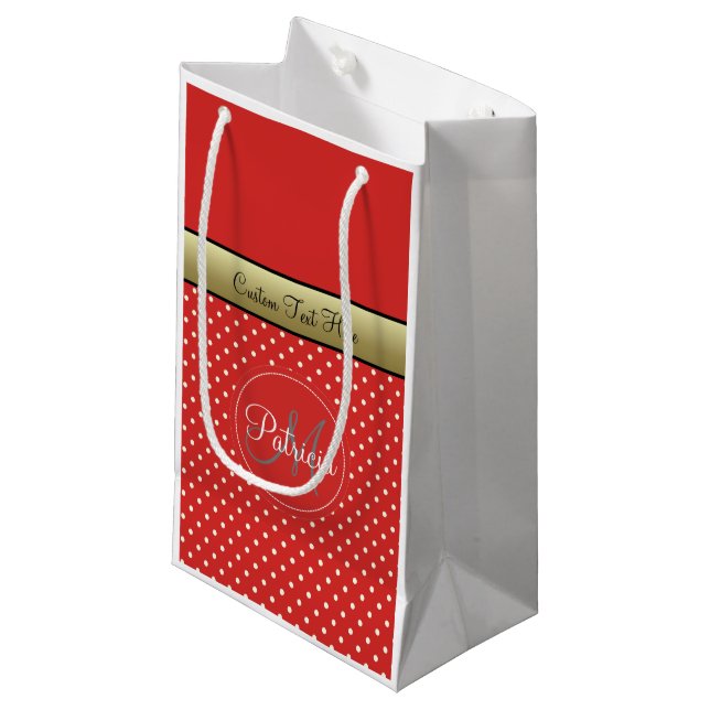 A Customised Tomato Red Polka Dots, Gold Ribbon Small Gift Bag (Front Angled)