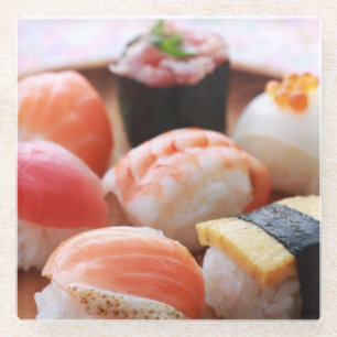 A cute and round temari sushi holiday glass coaster