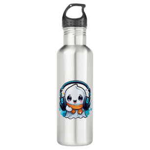 A cute and spooky ghost with headphones  710 ml water bottle