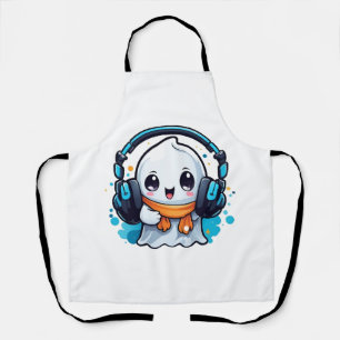 A cute and spooky ghost with headphones apron