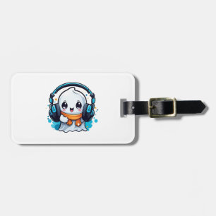 A cute and spooky ghost with headphones luggage tag