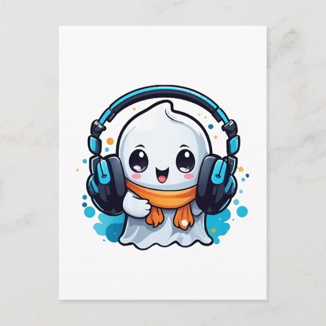 A cute and spooky ghost with headphones postcard (Front)