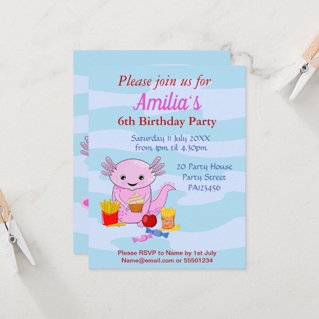 A cute Axolotl Birthday Party Invitation (Front/Back In Situ)