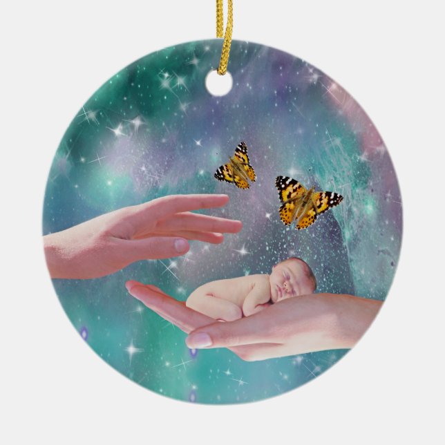 A cute baby boy in hand fantasy ceramic tree decoration (Front)