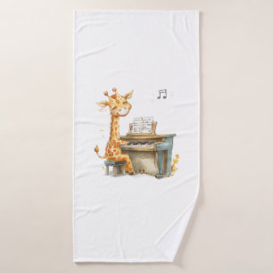 A Cute Baby Giraffe Plays The Guitar  Bath Towel