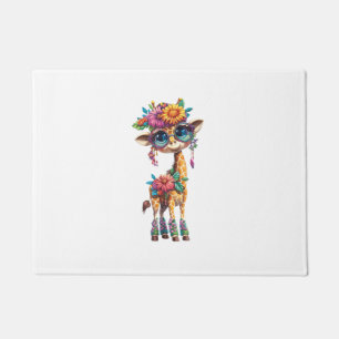 A Cute Baby Giraffe With Floral And Feather Accent Doormat