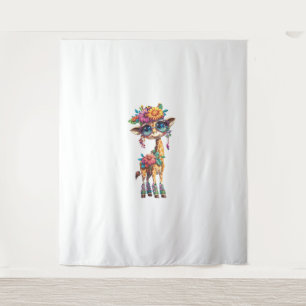 A Cute Baby Giraffe With Floral And Feather Accent Tapestry