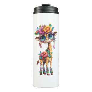 A Cute Baby Giraffe With Floral And Feather Accent Thermal Tumbler