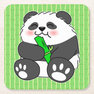 A Cute Baby Panda Eating Bamboo Stalk Square Paper Coaster