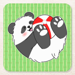 A Cute Baby Panda Playing with a Ball Square Paper Coaster