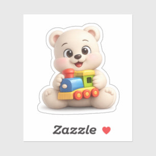 A cute bear character playing with a toy train.