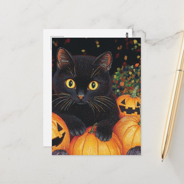 A Cute Black Cat in the Halloween Pumpkins Postcard (Front/Back In Situ)