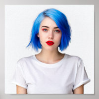 A cute blue hair model wearing Gildan Tee