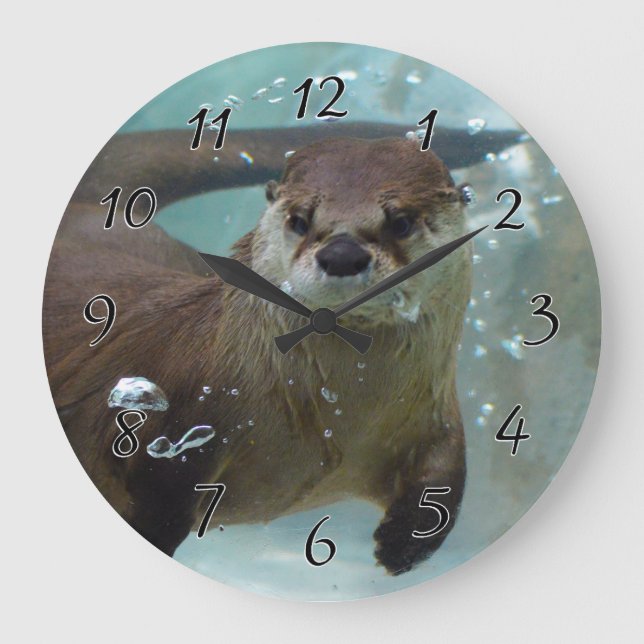 A cute Brown otter swimming in a clear blue pool Large Clock (Front)