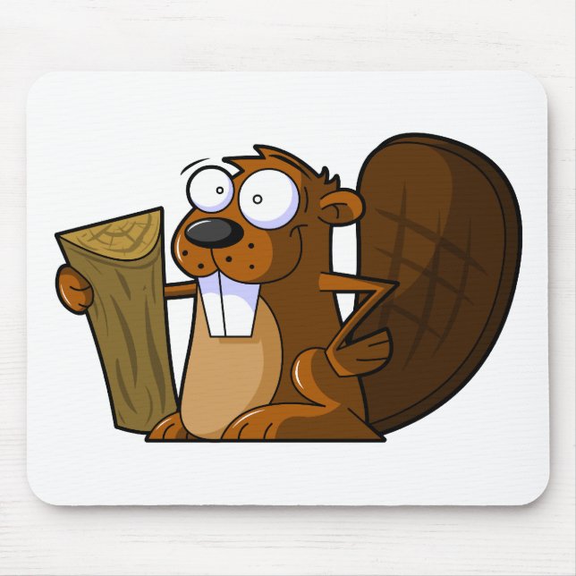 A Cute Cartoon Beaver Character Holding a Log Mouse Mat (Front)